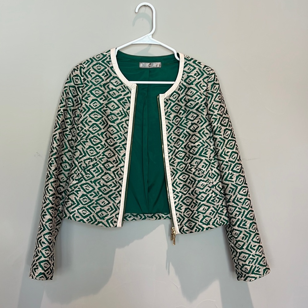 Blazer - Jacket, short, green/nude shiny, size, 34/S, nude leather framing